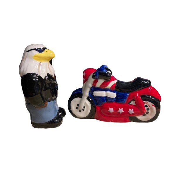 Ceramic Bald Eagle & Motorcycle Salt & Pepper Shakers - Picture 6 of 16